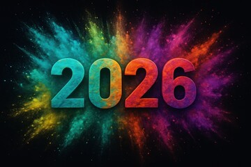 Colorful explosion of powder surrounding bold 2026 numbers on a black background, symbolizing celebration, energy, and new beginnings.
