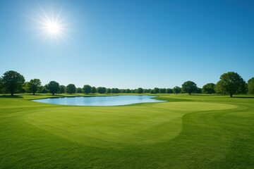 A beautiful golf course on a sunny day featuring a small pond, lush green fairways, and clear blue sky, representing tranquility and outdoor recreation.