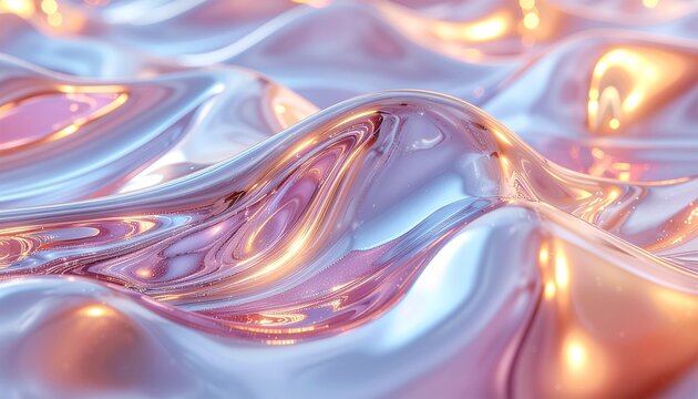Abstract iridescent fluid forms undulating waves, reflecting light with pink and blue hues.