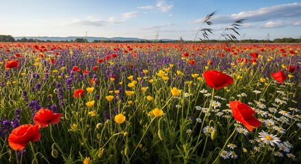 A field of colorful wildflowers under a blue sky