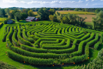 Exploring a Vibrant Corn Maze in Autumn With Pumpkins and Lush Greenery in a Rural Landscape