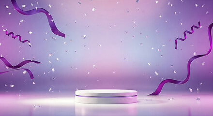 Elegant White Podium on a Reflective Stage with Falling Purple Ribbons and Silver Confetti.