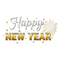 Happy new year text with fireworks isolated on transparent background