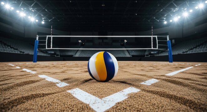 Volleyball on sand court with stadium seats and bright spotlights