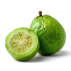 Fresh green guava fruit, one whole and one half