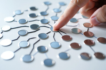 Finger Tapping on Connected Round Elements Network Diagram Concept of Strategy Business System and Data Visualization 150 Characters