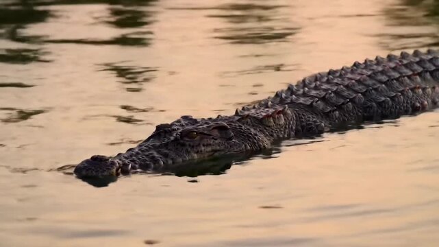 Crocodile swimming in water at dusk; potential use wildlife, nature, adventure, travel