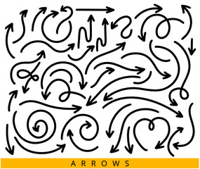 Set curved arrows. Collection line marker arrows in different directions. Curved and wavy brush. Vector illustration.