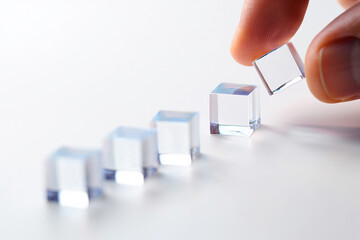 Hand Arranging Clear Acrylic Cubes in Ascending Order on White Surface Showing Growth Strategy and Development Concept with Copy Space