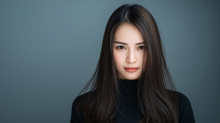 Business & Creative Work (Hybrid) – adult Japanese woman (long hair), photo retouch workflow (custom UI), 16:9, center copy space