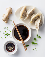 Clean flatlay of Chinese dumplings with soy sauce and ginger on white background