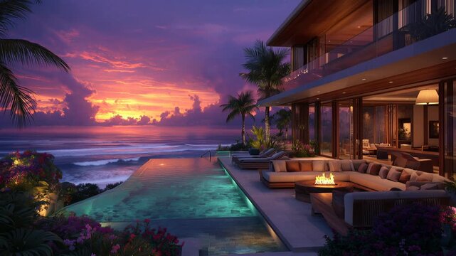 Luxurious modern tropical villa terrace featuring an infinity pool and a cozy fire pit lounge area overlooking a dramatic purple sunset over the ocean