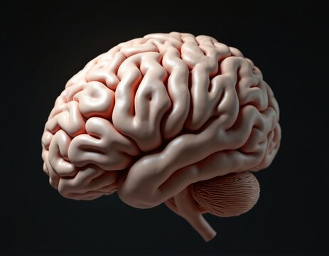 Model of human brain on black background. Shows cerebrum and cerebellum. Represents thinking cognition and medical science concepts. Detailed anatomical organ.