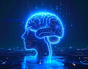 AI Brain Illustration &ndash; Glowing Digital Neural Circuit Head