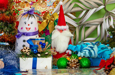 A group of christmas decorations including a snowman santa claus and a snowflake