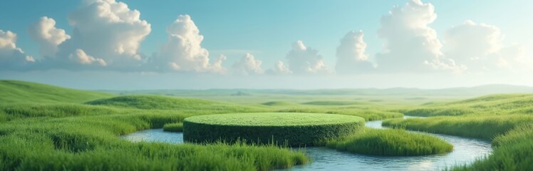 Obraz premium Circular grass podium in a tranquil green field with a winding river. Empty product stand for presentation in a serene natural landscape. Eco pedestal concept on a summer day with a clear blue sky.
