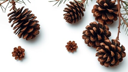 Natural arrangement of brown pine cones and evergreen needles on a clean white background, creating a minimalist winter and holiday&ndash;inspired botanical composition.