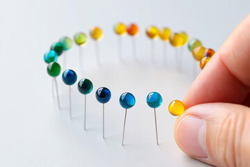 Hand Arranging Colorful Pins in Circle on White Surface Displaying Unity Teamwork Collaboration Harmony or Order with Precision And Care