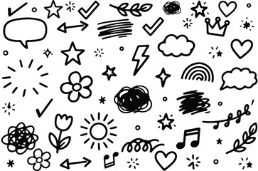 Hand Drawn Doodle Elements Set - Cute Scribbles, Arrows, Stars, and Nature Icons