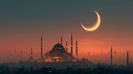 Fototapeta premium Crescent moon shines over a stunning mosque beneath a tranquil sky