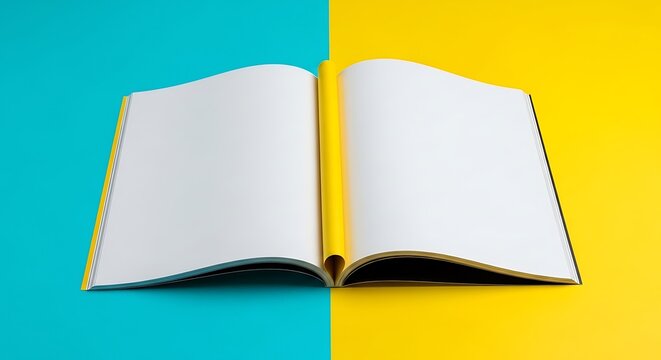 Open book with blank white pages on a vibrant split blue and yellow background, ideal for creative content or educational themes