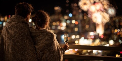 Couple wrapped in shared blanket on balcony hold champagne glasses watching fireworks burst over city skyline. Magical New Year's midnight toast, romantic celebration vibe.