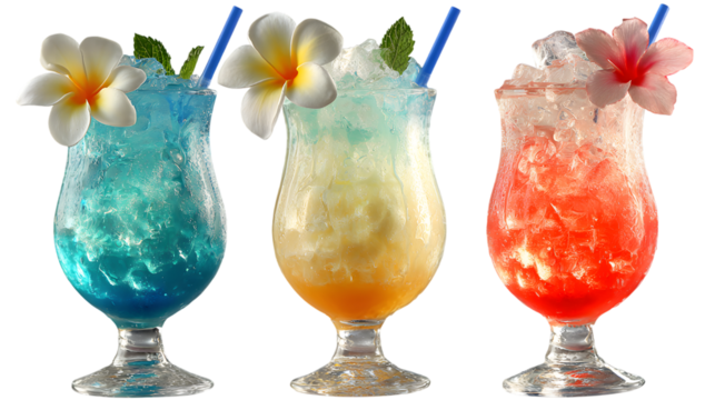 Three refreshing tropical cocktails with flowers and ice ready for a party Isolated on Transparent Background - Powered by Adobe