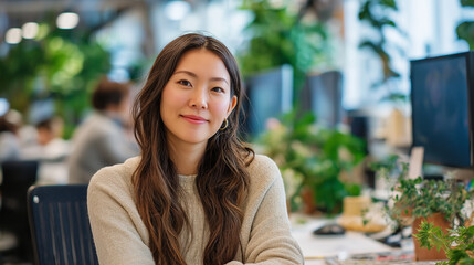 Business & Creative Work (Hybrid) – adult Japanese woman (long hair), coworking hot desk session, 16:9, left copy space