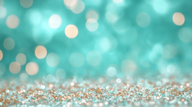 Glittering turquoise and gold bokeh background for festive decor  
