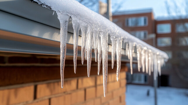 Close-up of long icicles hanging from a rooftop in winter sunlight  