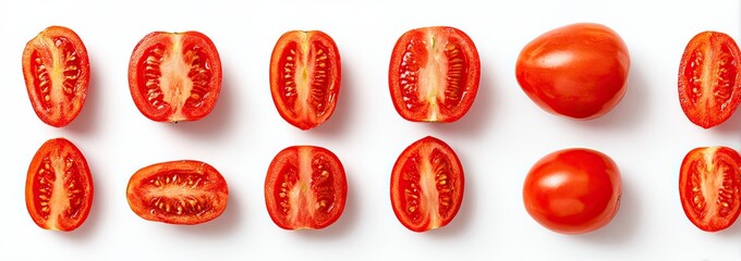 Red tomato halves and whole tomatoes arranged in a grid pattern on a white surface