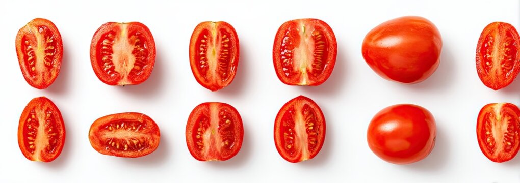 Red tomato halves and whole tomatoes arranged in a grid pattern on a white surface