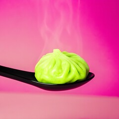 Steaming soup dumpling on a clean spoon in refined soft studio lighting, showcasing delicate texture and gently rising aromatic steam.