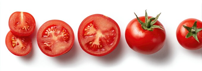 Overhead view of several whole and sliced red tomatoes on a white background