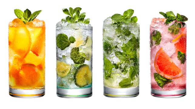 Colorful Cocktail Variety Refreshing Summer Drinks with Mint and Citrus Flavors Isolated on Transparent Background - Powered by Adobe