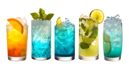Colorful refreshing summer cocktails assortment with ice and fruit Isolated on Transparent Background