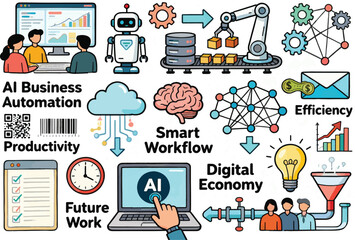 AI Business Automation and Digital Economy Concept Illustration Set