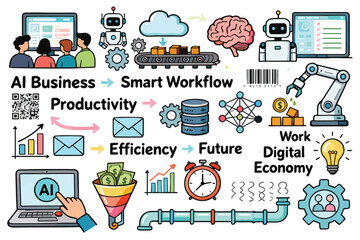 AI Business Automation and Digital Economy Concept Illustration Set