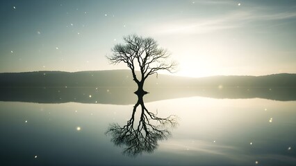 Naklejka premium Ethereal Solitary Tree Reflection in Still Water - Tranquil Nature Healing Landscape