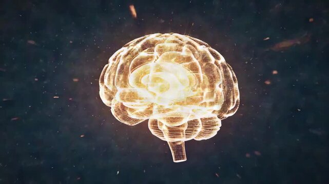 Glowing transparent human brain hologram with intricate neural network patterns and floating