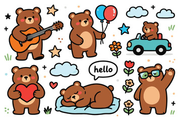 Cute teddy bear set illustration with playful cartoon animals