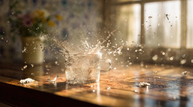 A glass mug of water explodes in a sunlit kitchen.  Water splashes in a dynamic burst