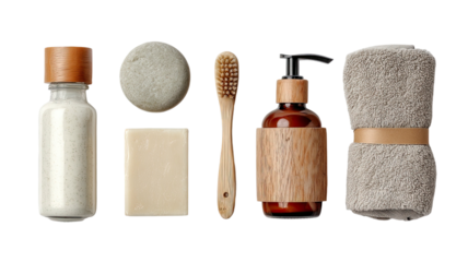  Assorted body care products including creams, lotions, and oils arranged for personal wellness and skincare routine isolated on white background