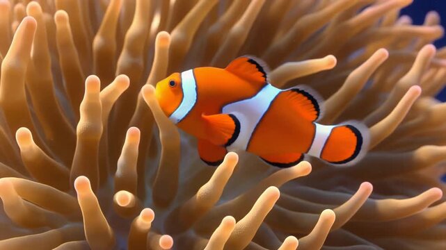 Vibrant clownfish gently nestled in swaying sea anemone tentacles, hyper-realistic symbiotic underwater marine life close-up.
