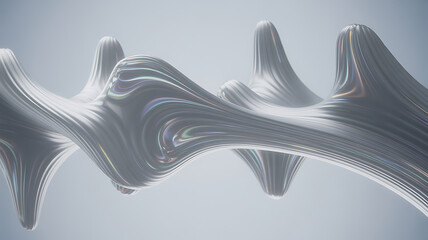 Organic 3D liquid shapes folding into symmetrical patterns with iridescent and textured materials