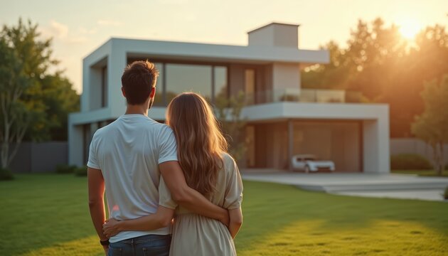 Young couple embrace each other looking at modern house at sunset. Man and woman stand together in front of new residence. Concept of homeownership real estate investment and family. - Powered by Adobe