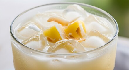 Refreshing Mango Sago Drink with Ice and Coconut Strips.