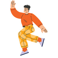 Joyful Man in Orange Sweater and Yellow Polka Dot Pants Waving Hand Mid-Stride with White Background