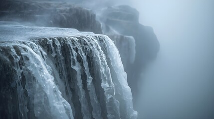 Ultra-detailed snowy peaks, icy lake, and frost-covered forest under warm diffused light. Crisp textures, shallow depth, clear blue sky, panoramic winter view with subtle vignette.