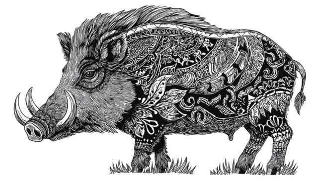  Wild boar with prominent tusks standing in natural habitat showcasing strength, wildlife behavior, and rugged features isolated on white background